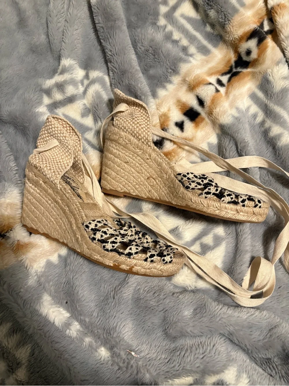 Free People Beige and Black Braided Espadrille Lace-Up Sandals